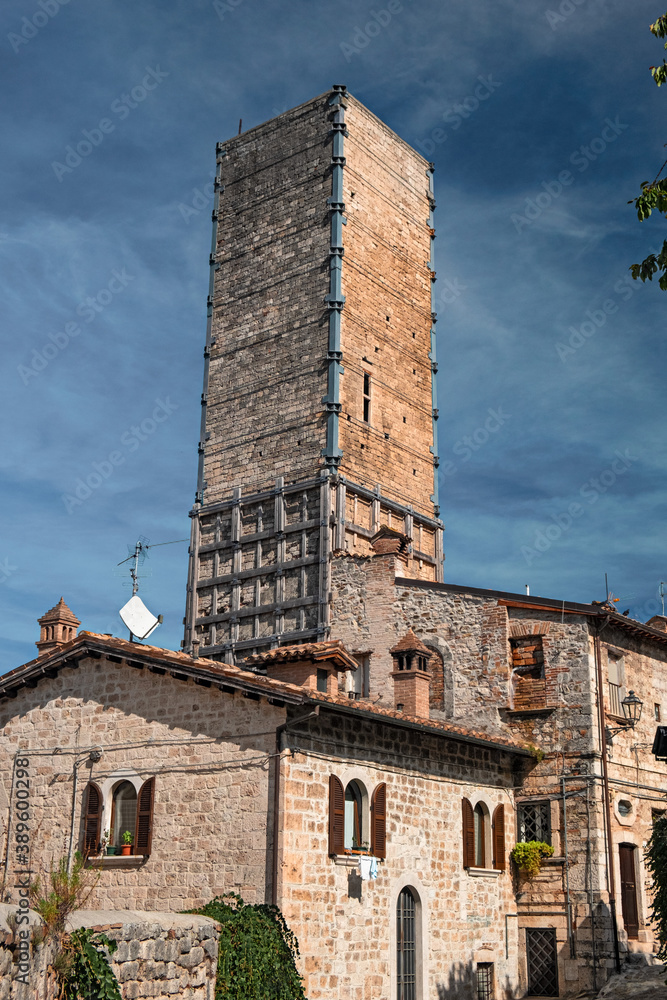Tower damaged by the earthquake in Ascoli Piceno, Italy.