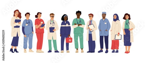 Hospital team. Medical employees in uniform, healthcare workers administrator doctor. Pharmacist clinic staff swanky vector. Medical team doctor, specialist hospital and staff clinic illustration