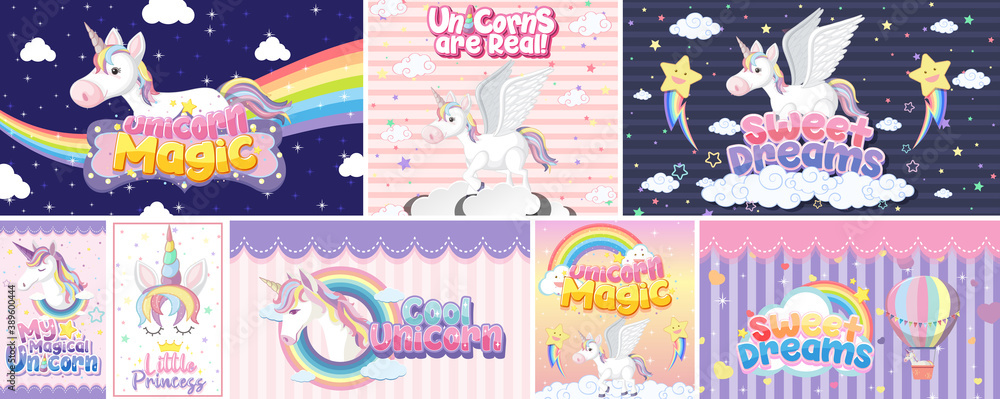 Naklejka premium Cute unicorn banner on pastel background color