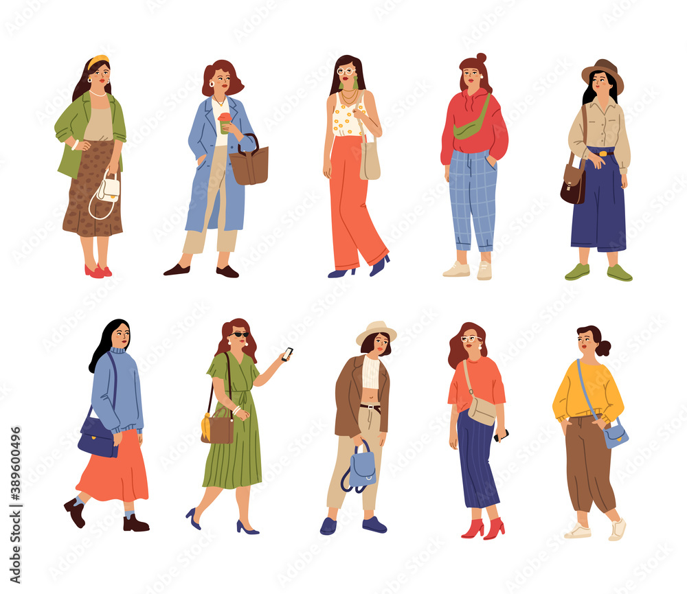 Fototapeta premium People wear casual clothes. Beautiful girl, fashion stylish female characters. Isolated young women spring autumn trendy outfit vector set. Spring autumn clothing for lady, new collection illustration