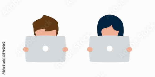 Boy and girl using a tablet computer. Vector cartoon illustration