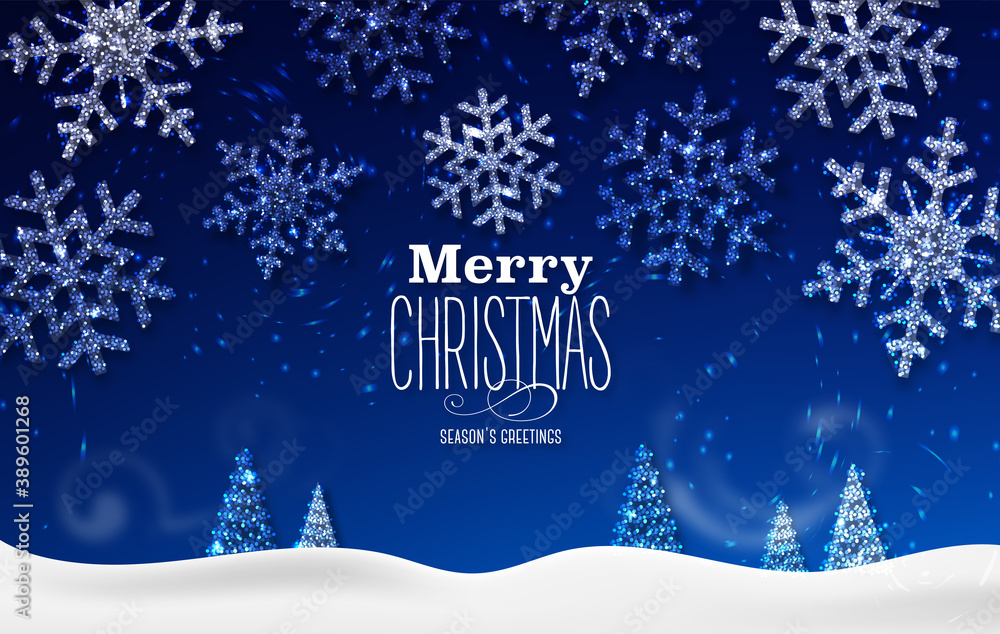 Merry Christmas vector greeting card. Realistic illustration with christmas snowflakes and lettering
