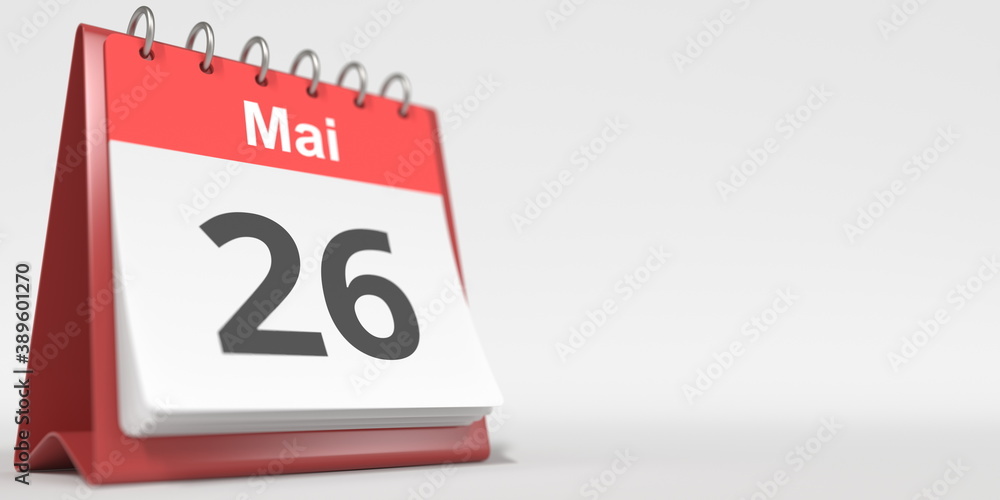 May 26 date written in French on the flip calendar page, 3d rendering May 26 date written in French on the flip calendar page, 3d rendering