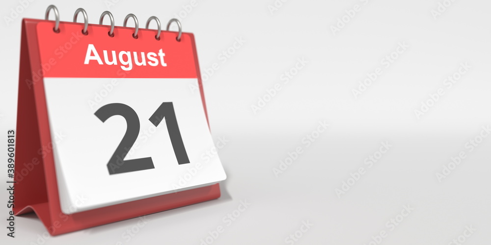 August 21 date written in German on the flip calendar page. 3d rendering August 21 date written in German on the flip calendar page. 3d rendering