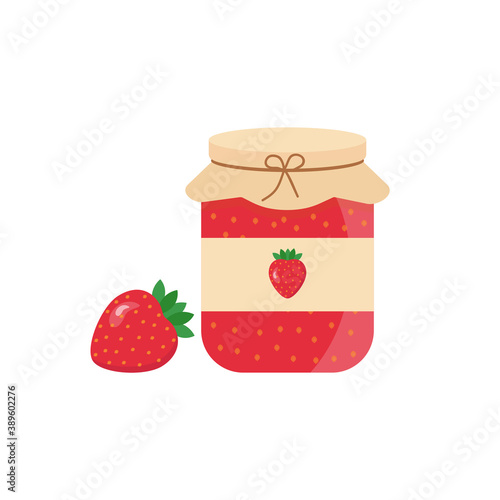 This is a glass jar of jam with strawberry isolated on a white background.