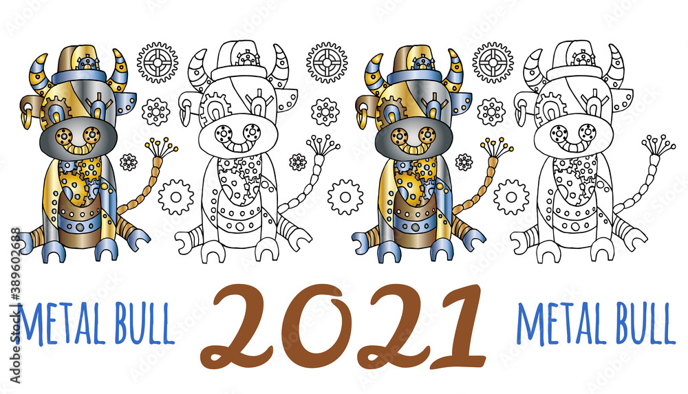 2021 year of the metal bull. Banner. Bull, Chinese zodiac symbol of 2021. Steampunk style Buffalo. Mechanical animal. Asian new year. Colored and linear gobies. Horizontal vector border