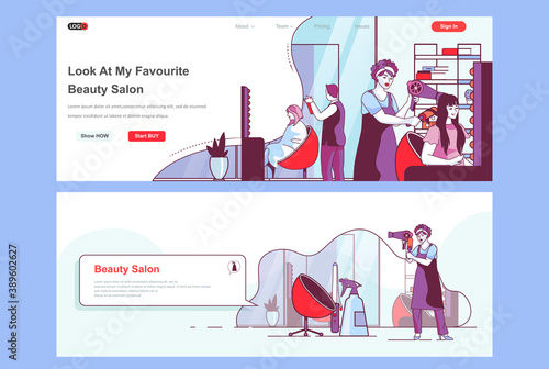 Beauty salon landing pages set. Hairdresser making hairstyle in hair salon corporate website. Flat line vector illustration with people characters. Web concept use as header, footer or middle content.