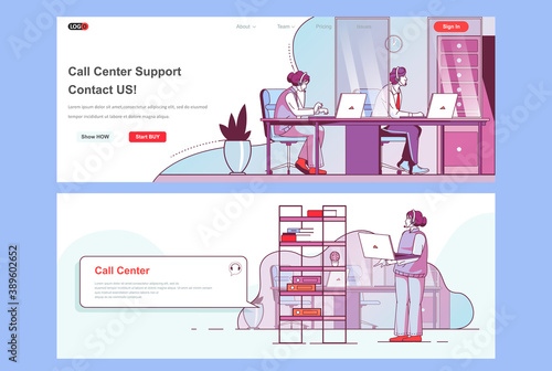 Call center landing pages set. Online hotline, customer assistance service corporate website. Flat line vector illustration with people characters. Web concept use as header, footer or middle content.