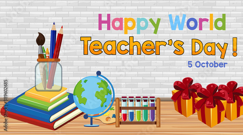Happy Teacher's Day banner with set of stationary elements