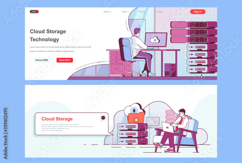 Cloud storage landing pages set. Hosting provider, cloud storage management corporate website. Flat line vector illustration with people characters. Web concept use as header, footer or middle content