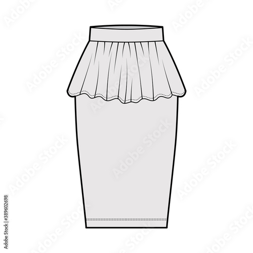 Skirt sheath technical fashion illustration with straight knee silhouette, pencil fullness, thin waistband. Flat bottom template front, grey color style. Women, men, unisex CAD mockup