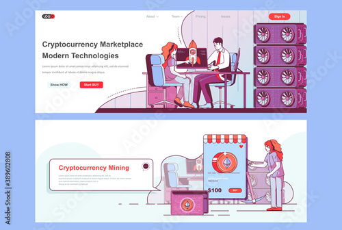 Cryptocurrency marketplace landing pages set. Cryptocurrency exchange and trading corporate website. Flat line vector illustration with people. Web concept use as header, footer or middle content.