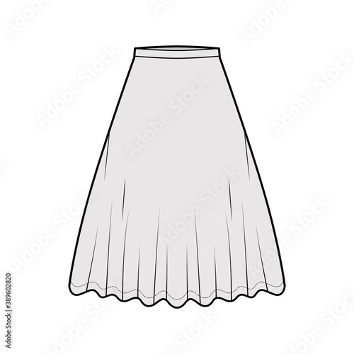 Skirt midi round technical fashion illustration with knee lengths silhouette, circular fullness, thin waistband. Flat bottom template front, grey color style. Women, men, unisex CAD mockup