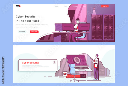 Cyber security landing pages set. Cybersecurity assistance and management corporate website. Flat line vector illustration with people characters. Web concept use as header, footer or middle content.