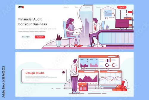 Financial audit landing pages set. Business assistance and consulting corporate website. Flat line vector illustration with people characters. Web concept use as header, footer or middle content.
