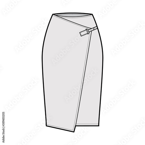 Skirt wrap technical fashion illustration with straight knee silhouette, pencil fullness, close with carabiner connector. Flat bottom template front, grey color style. Women, men, unisex CAD mockup