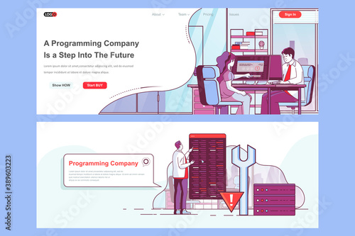 Programming company landing pages set. Software engineering and development team corporate website. Flat line vector illustration with people. Web concept use as header, footer or middle content.