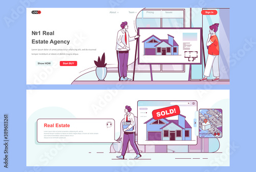 Real estate agency landing pages set. Buy, rent and sell home, real estate investment corporate website. Flat line vector illustration with people. Web concept use as header, footer or middle content.