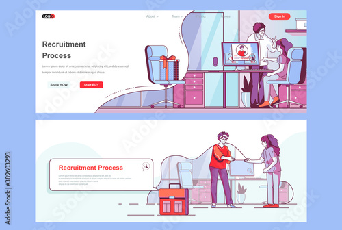 Recruitment process landing pages. HR managers, staff headhunting agency corporate website. Flat line vector illustration with people characters. Web concept use as header, footer or middle content.