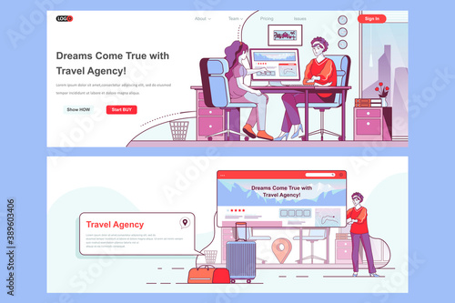 Travel agency landing pages. Online tour reservation, booking of tickets corporate website. Flat line vector illustration with people characters. Web concept use as header, footer or middle content.