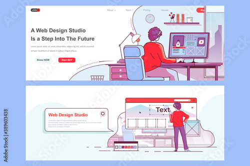 Web design studio landing pages set. Creative website design, prototyping and usability. Flat line vector illustration with people characters. Web concept use as header, footer or middle content.