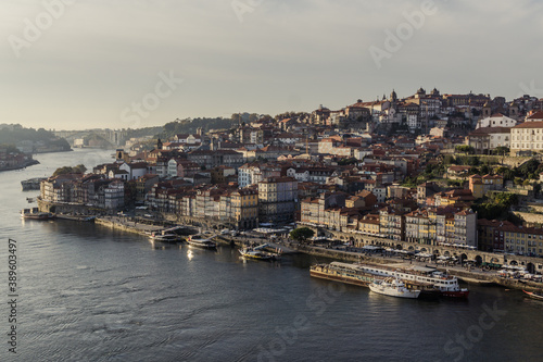 Panoramic view of Porto old Town  the Ribeira and the Douro River  during the sunset.