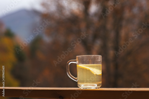 A cup of tea with slice of lemon standing at the terrace against autumn forest.