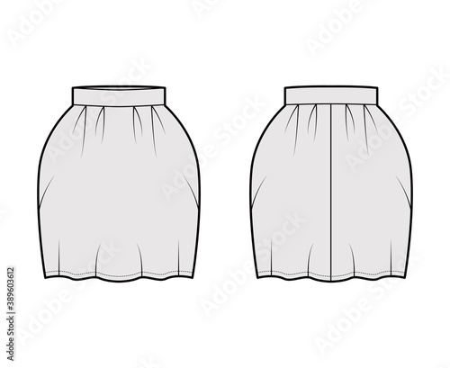 Skirt bell technical fashion illustration with pegged above-the-knee silhouette, pencil fullness, thick waistband. Flat bottom template front, back, grey color style. Women, men, unisex CAD mockup
