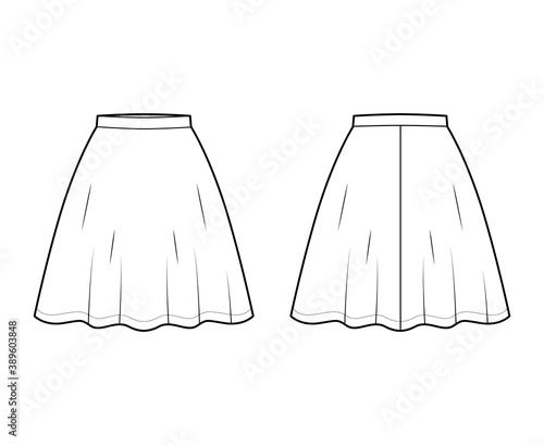 Skirt flared skater technical fashion illustration with above-the-knee silhouette, semi-circular fullness. Flat bottom template front, back, white color style. Women, men, unisex CAD mockup