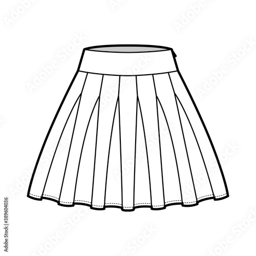 Skirt rah-rah Cheer technical fashion illustration with above-the-knee lengths silhouette, thick waistband. Flat bottom template front, white color style. Women, men, unisex CAD mockup