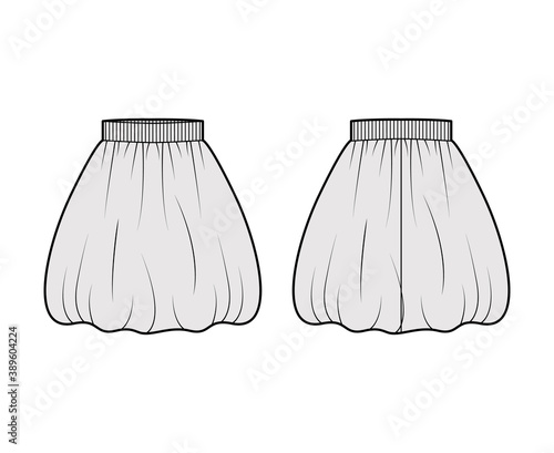Skirt balloon technical fashion illustration with knee silhouette, semi-circular fullness, thick stretch waistband. Flat bottom template front, back, grey color style. Women, men, unisex CAD mockup
