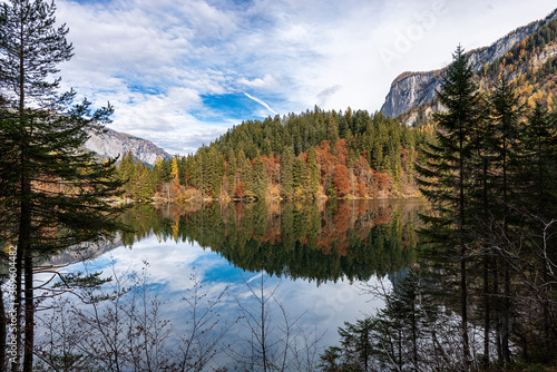 Lago di Tovel (Lake Tovel), small and beautiful lake in Italian Alps, National Park of Adamello Brenta. Trentino Alto Adige, Trento province, Italy, Europe