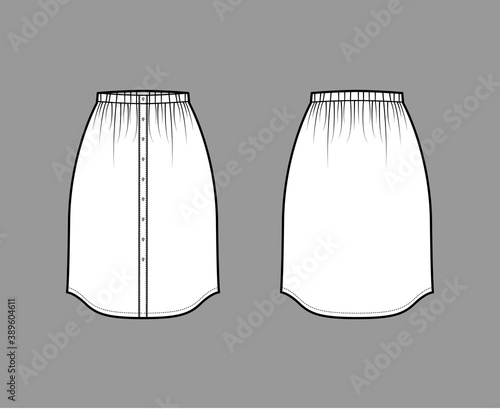 Skirt button down dirndl technical fashion illustration with straight knee silhouette, pencil fullness. Flat bottom template front, back, white color style. Women, men, unisex CAD mockup