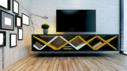 Modern tv unit for modern office or homes design with brick and concrete wall idea 3D rendering