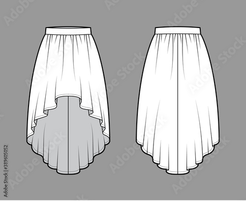 Skirt high low technical fashion illustration with knee-ancle silhouette, semi-circular fullness, thick waistband. Flat bottom template front, back, white color style. Women, men, unisex CAD mockup