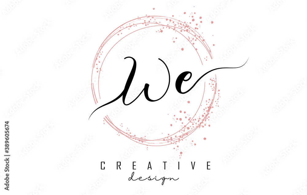 Handwritten WE W E letter logo with sparkling circles with pink glitter. Handwritten WE W E letter logo with sparkling circles with pink glitter.
