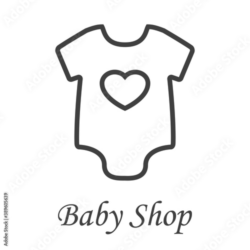 Boutique de ropa de bebé. Logotipo con texto Baby Shop y camiseta de bebé con corazón en líneas de color gris