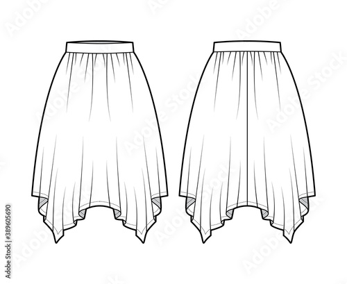 Skirt handkerchief technical fashion illustration with circular knee silhouette, pencil fullness, thin waistband. Flat bottom template front, back, white color style. Women, men, unisex CAD mockup