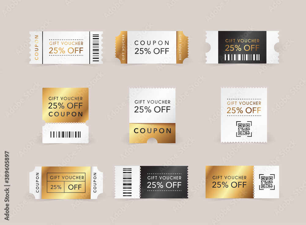 Discount coupon. Promo code gift voucher and coupons template. Stock