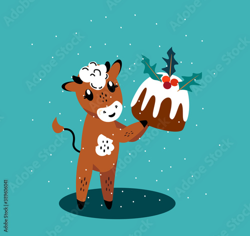 Christmas,Happy New Year Greeting Card.Cute Cartoon Bull with Sweet Biscuit Cake Stollen.Cow 2021 Chinese Symbol.Holiday Winter Atmosphere. Festive Design for Calendar, Cards, Advertising Illustration