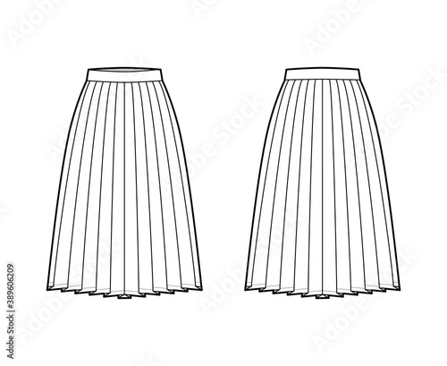 Skirt side knife pleat technical fashion illustration with below-the-knee silhouette, circular fullness, thick waistband. Flat bottom template front back white color style. Women men unisex CAD mockup