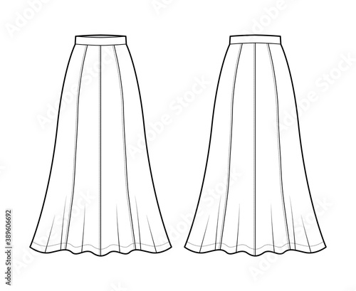 Skirt maxi eight gore technical fashion illustration with ankle lengths silhouette, semi-circular fullness. Flat bottom template front, back, white color style. Women, men, unisex CAD mockup