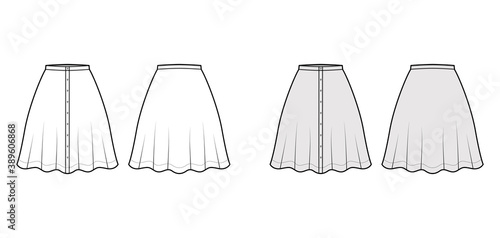 Skirt button down technical fashion illustration with semi-circular knee silhouette fullness. Flat bottom template front, back, white grey color style. Women, men, unisex CAD mockup