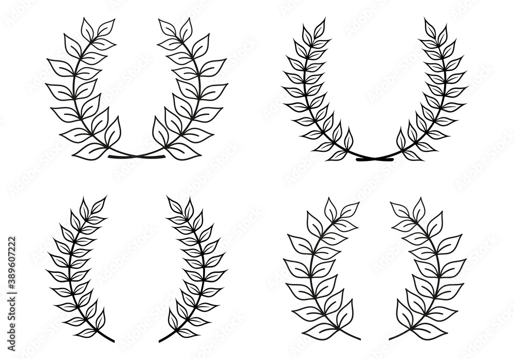 Laurel wreath outline set with hand drawn branches and leaves. Award and victory icon. Heraldic symbol. Vector illustration.