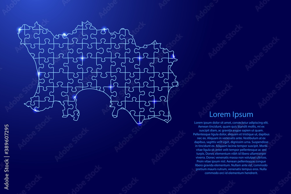 Jersey map from puzzles blue line and glowing space stars parts mosaic grid. Vector illustration.