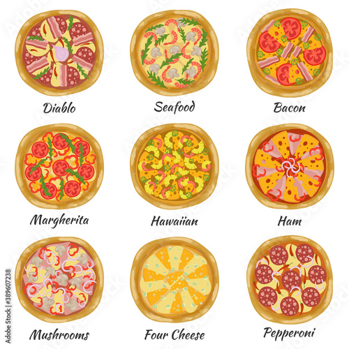 Pizza icon set. Top view. Different Italian pizzas for menu design: pepperoni, hawaiian, cheese, margherita, seafood, mushrooms. Vector illustration.