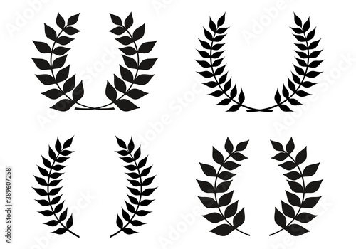 Laurel wreath outline set with hand drawn branches and leaves. Award and victory icon. Heraldic symbol. Vector illustration.