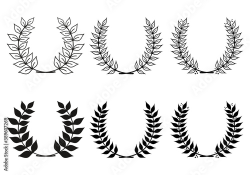 Laurel wreath outline set with hand drawn branches and leaves. Award and victory icon. Heraldic symbol. Vector illustration.