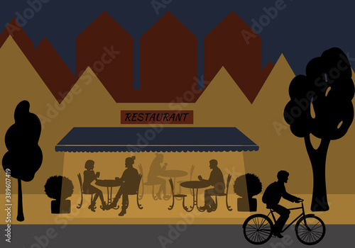 Restaurant or outdoor cafe with silhouettes of people sitting at the table with night street and city landscape background. Vector illustration.