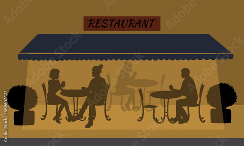 Restaurant or outdoor cafe with silhouettes of people sitting at the table on the night street. Vector illustration.